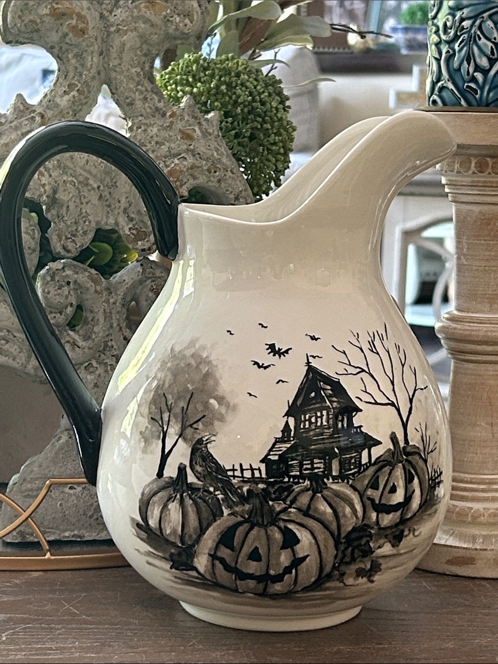 NEW! Vintage Inspired Gothic Cream & Black Halloween Haunted Pumpkin Pitcher